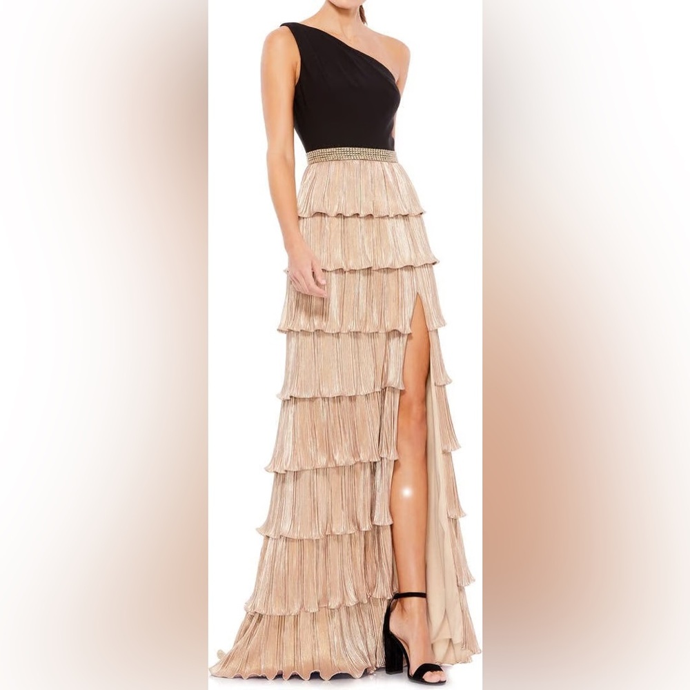 Mac Duggal Black and Gold One-Shoulder Ruffle Tiered Gown
